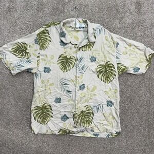 Tommy Bahama Button Front Shirt Men XL Cream Silk Tropical Monstera Floral Aloha